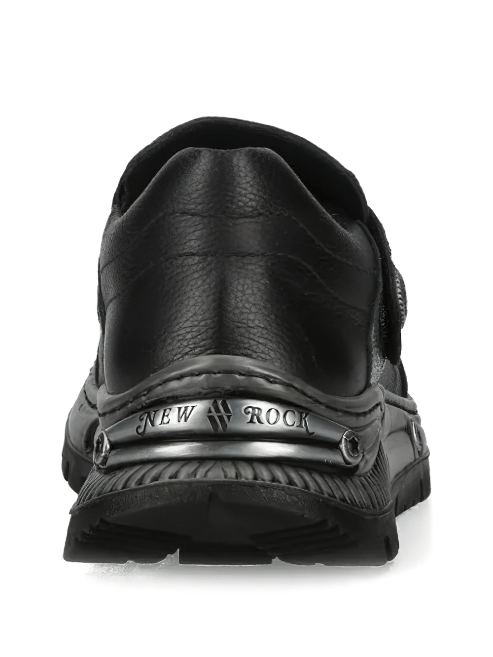 Back view of NEW ROCK Men's Shoes with Distressed Metallic Paneling featuring sleek black design and unique detailing.
