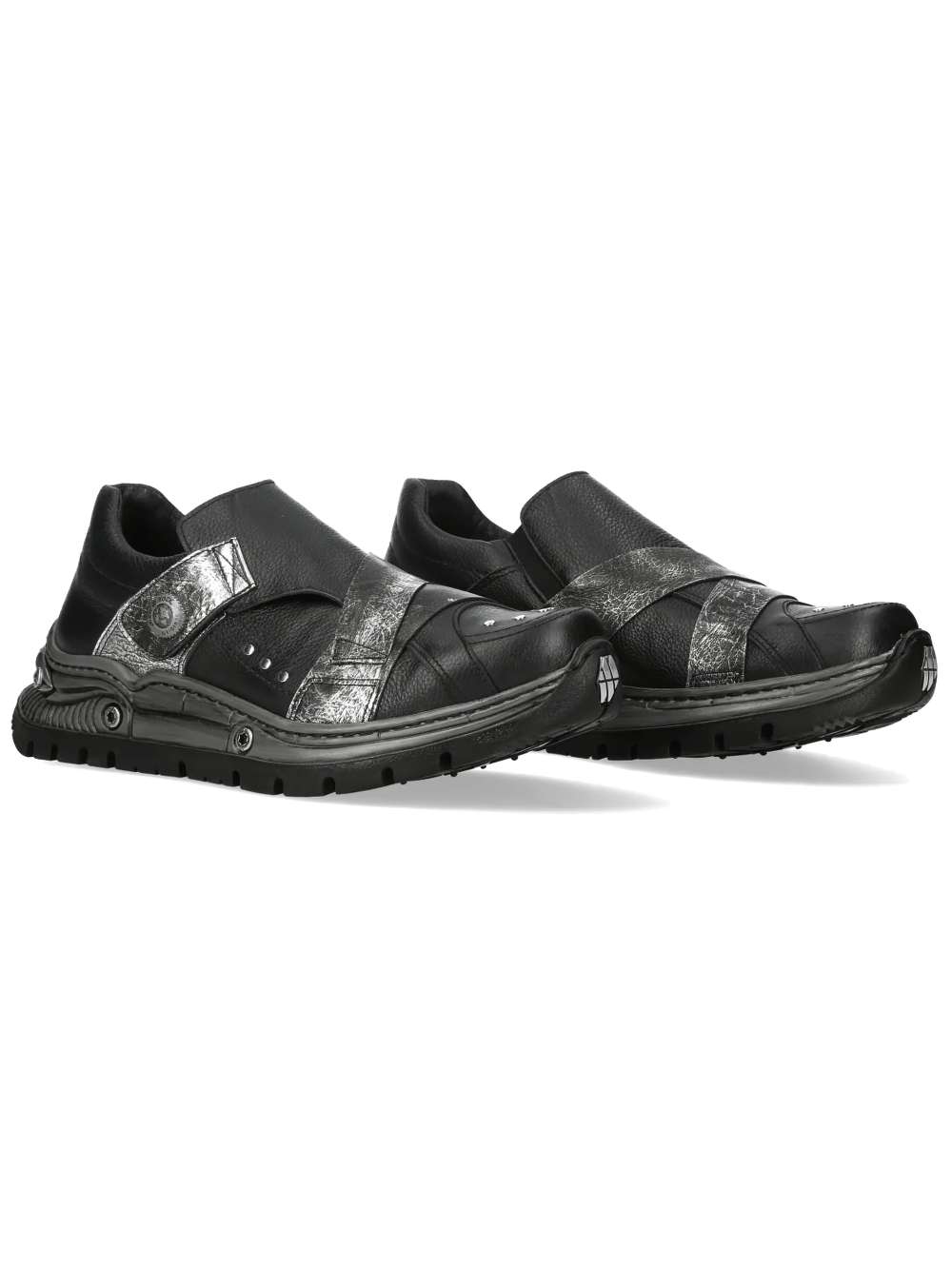 NEW ROCK Men's Shoes with Distressed Metallic Paneling in black, featuring silver-toned overlays and rugged soles.