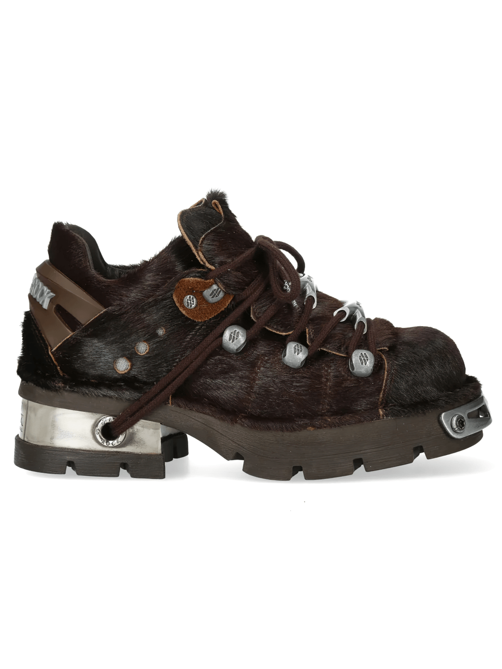 NEW ROCK Men's Shoes with Metal Plates and Chunky Lug Sole featuring dark brown fur and silver details.