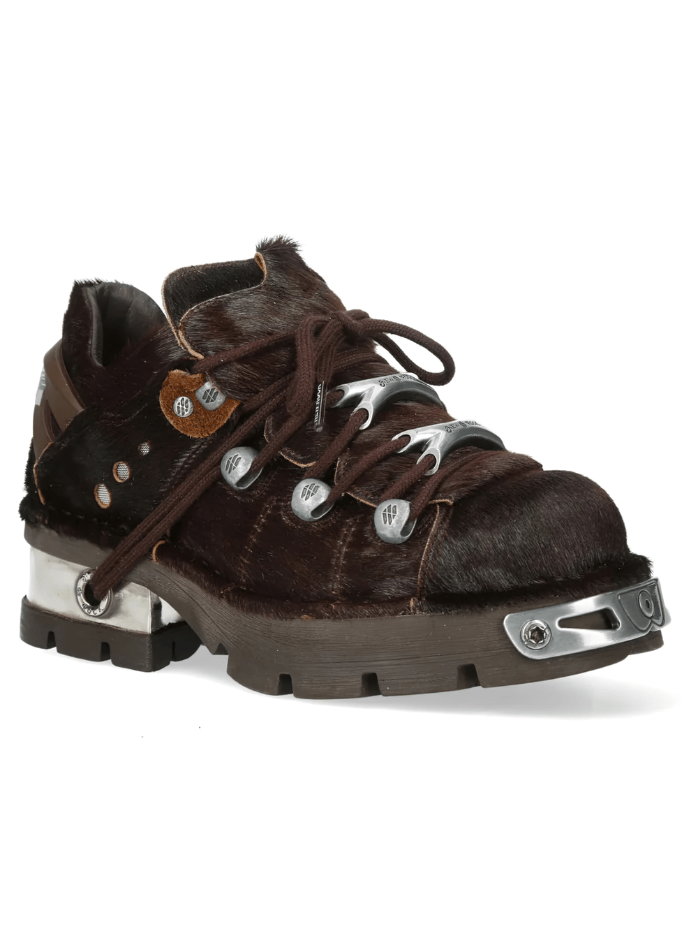 NEW ROCK Men's Shoes with Metal Plates and Chunky Lug Sole featuring dark brown shaggy texture and silver hardware accents.