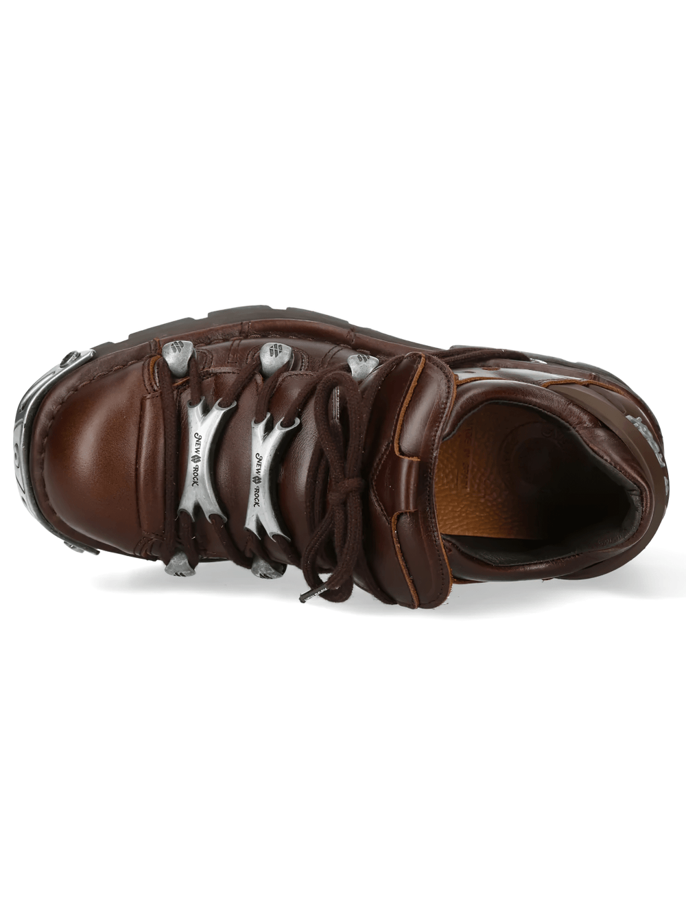 NEW ROCK Men's Shoes with Metal Plates and Rugged Lug Sole from top view, featuring dark brown leather and silver details.