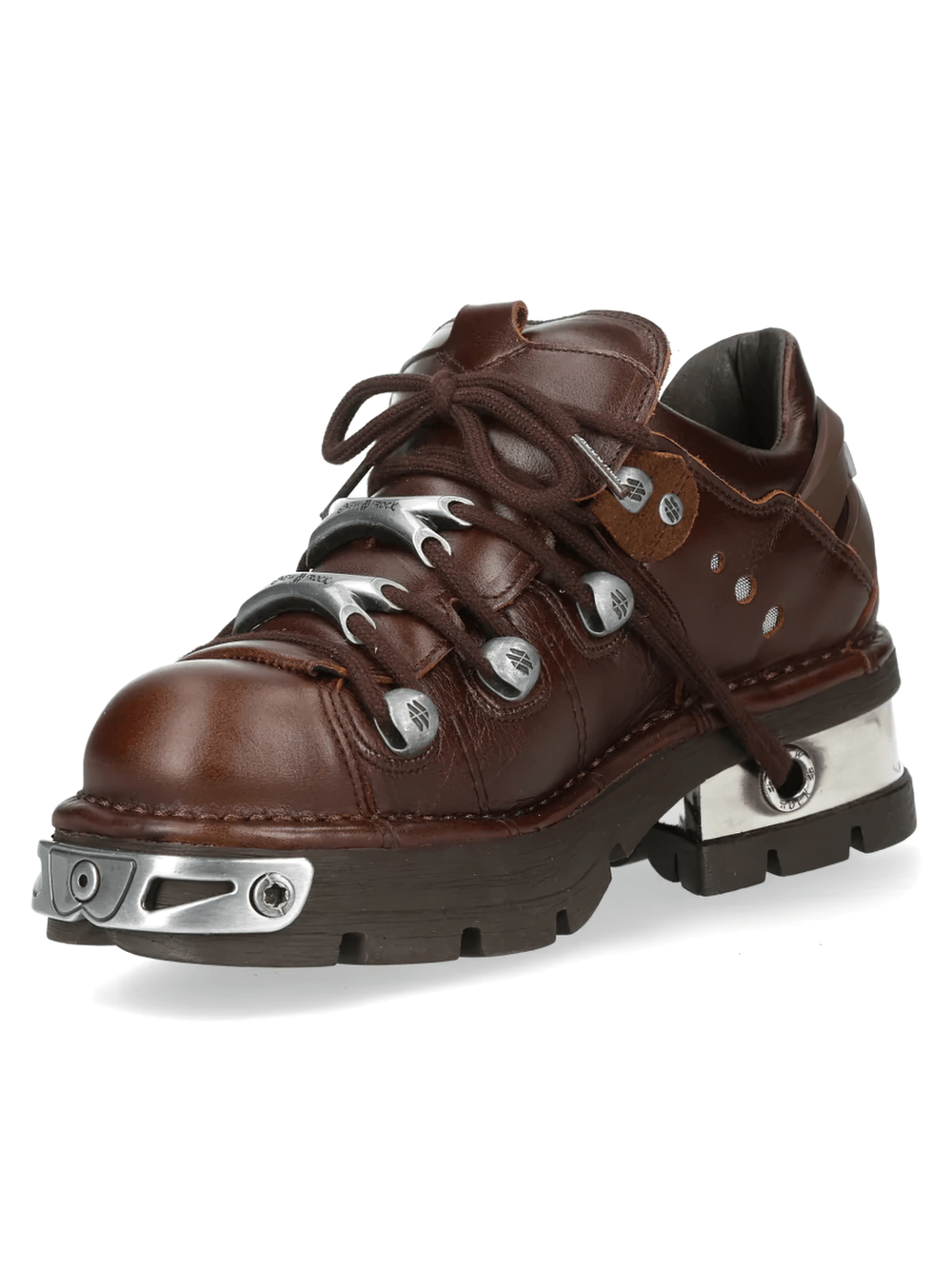 NEW ROCK Men's Shoes with Metal Plates and Rugged Lug Sole showcasing dark brown leather and silver hardware details.