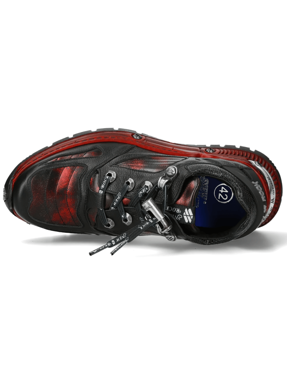 NEW ROCK Men's Shoes with Red Industrial Sole Detailing showcasing mechanical lace and textured overlays.
