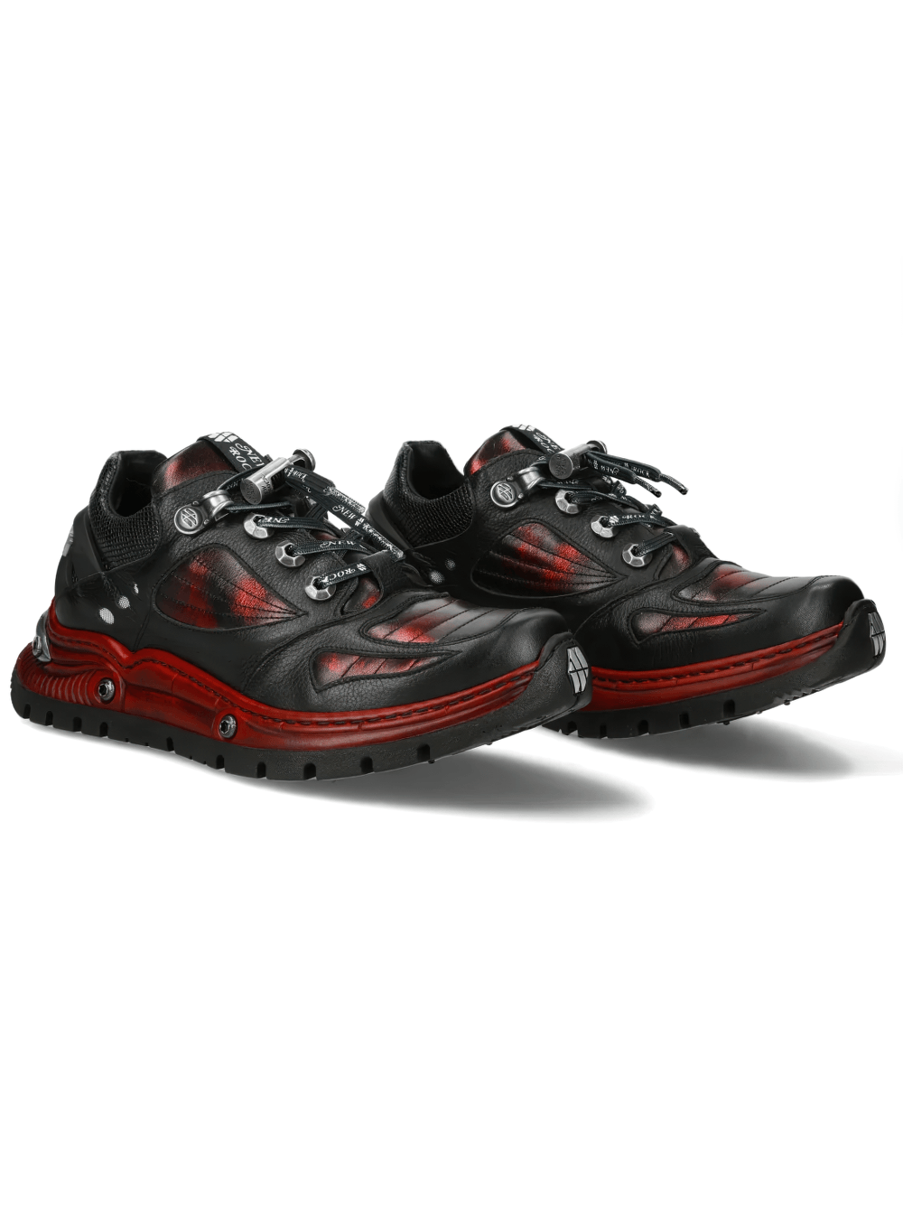 NEW ROCK Men's Shoes with Red Industrial Sole Detailing featuring black finish and deep red metallic accents.