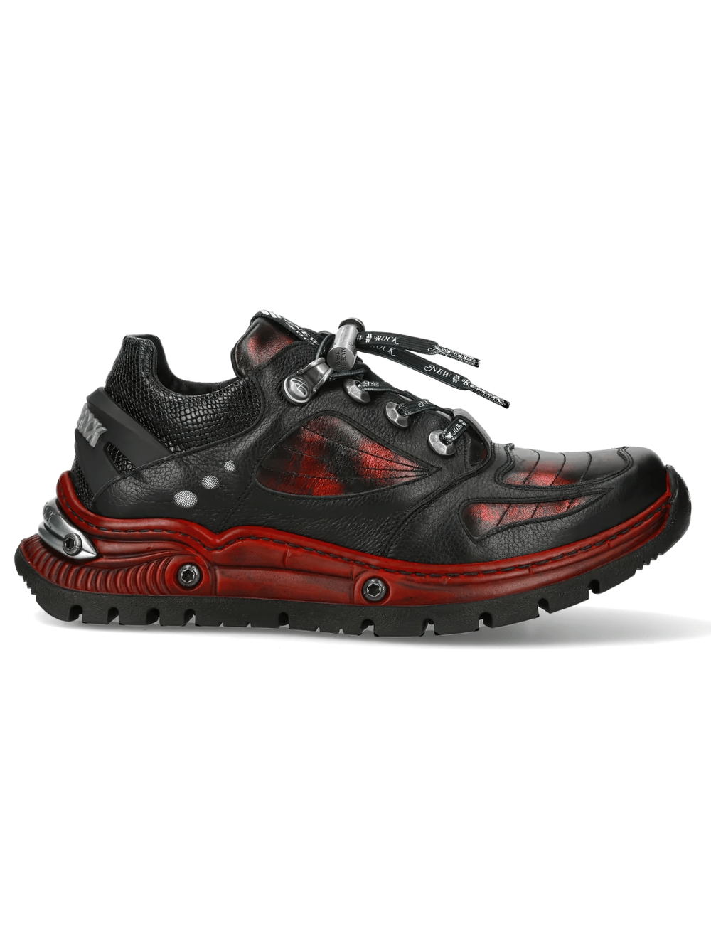 NEW ROCK Men's Shoes with Red Industrial Sole Detailing featuring mechanical laces and textured overlays.