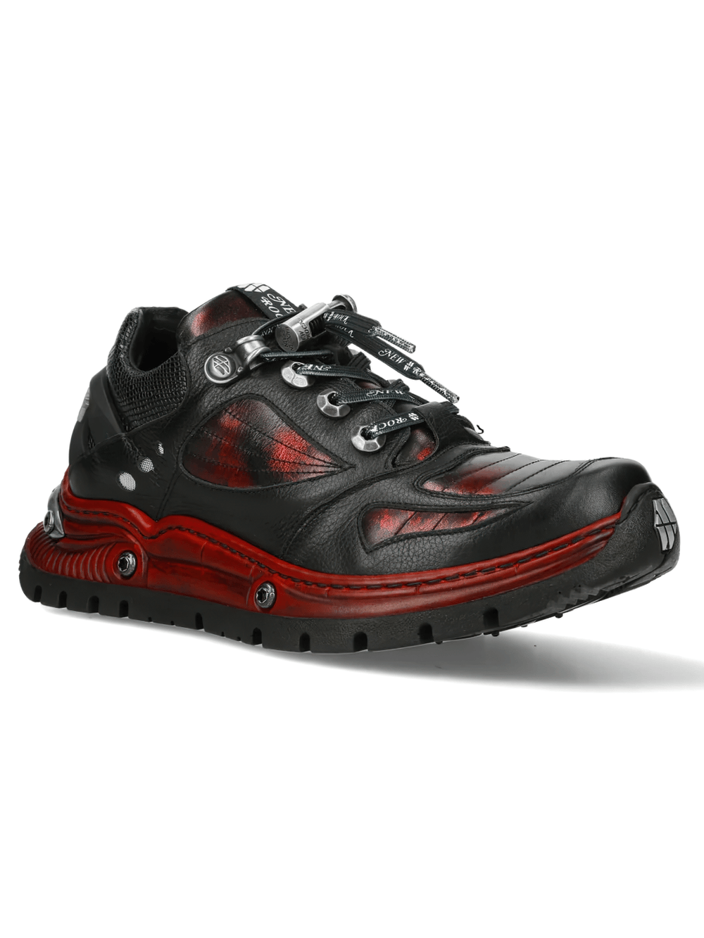 NEW ROCK Men's Shoes with Red Industrial Sole Detailing featuring mechanical lace and textured overlays.