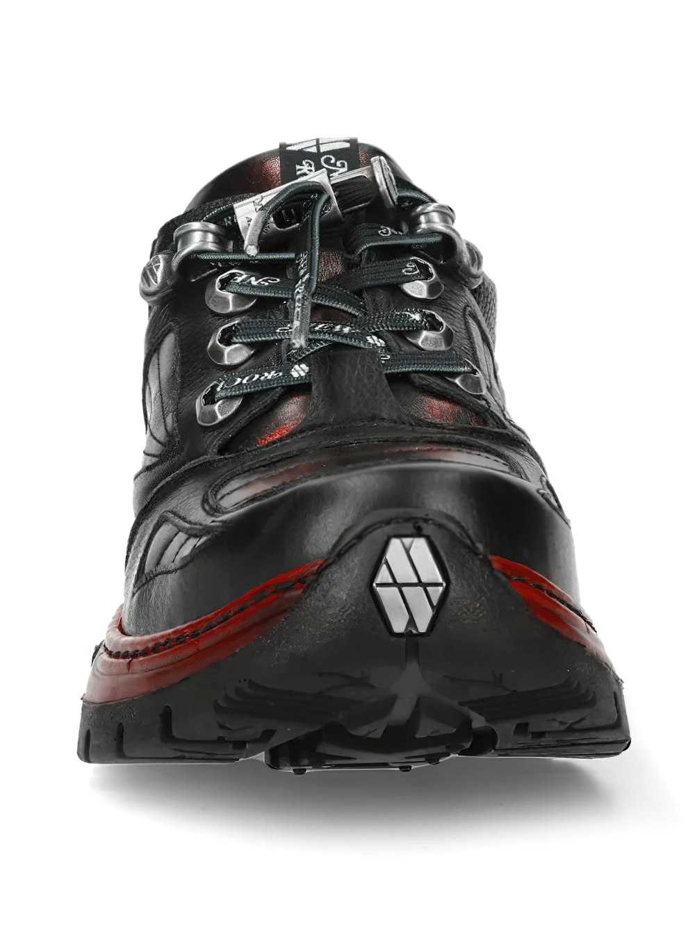 NEW ROCK Men's Shoes with Red Industrial Sole Detailing featuring mechanical lace and black finish.