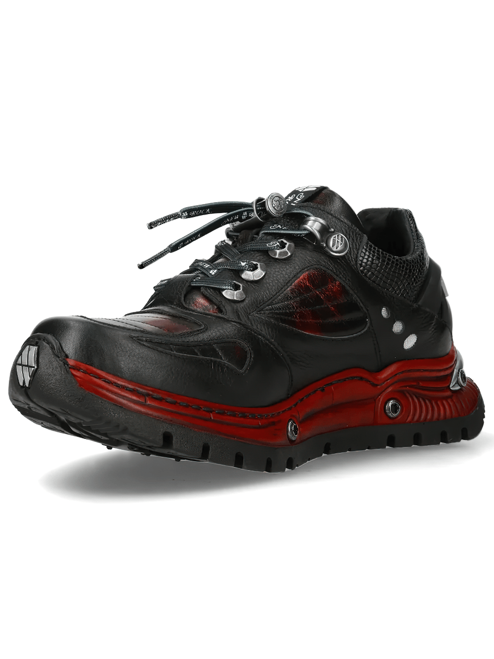 NEW ROCK Men's Shoes with Red Industrial Sole Detailing showcasing bold black and red design with mechanical lace details.