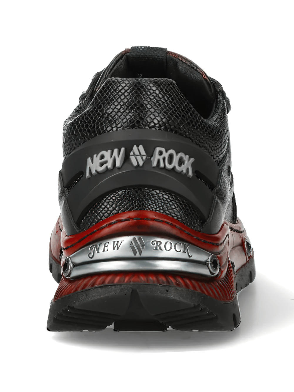 NEW ROCK Men's Shoes with Red Industrial Sole Detailing from the back, showcasing bold design and unique features.