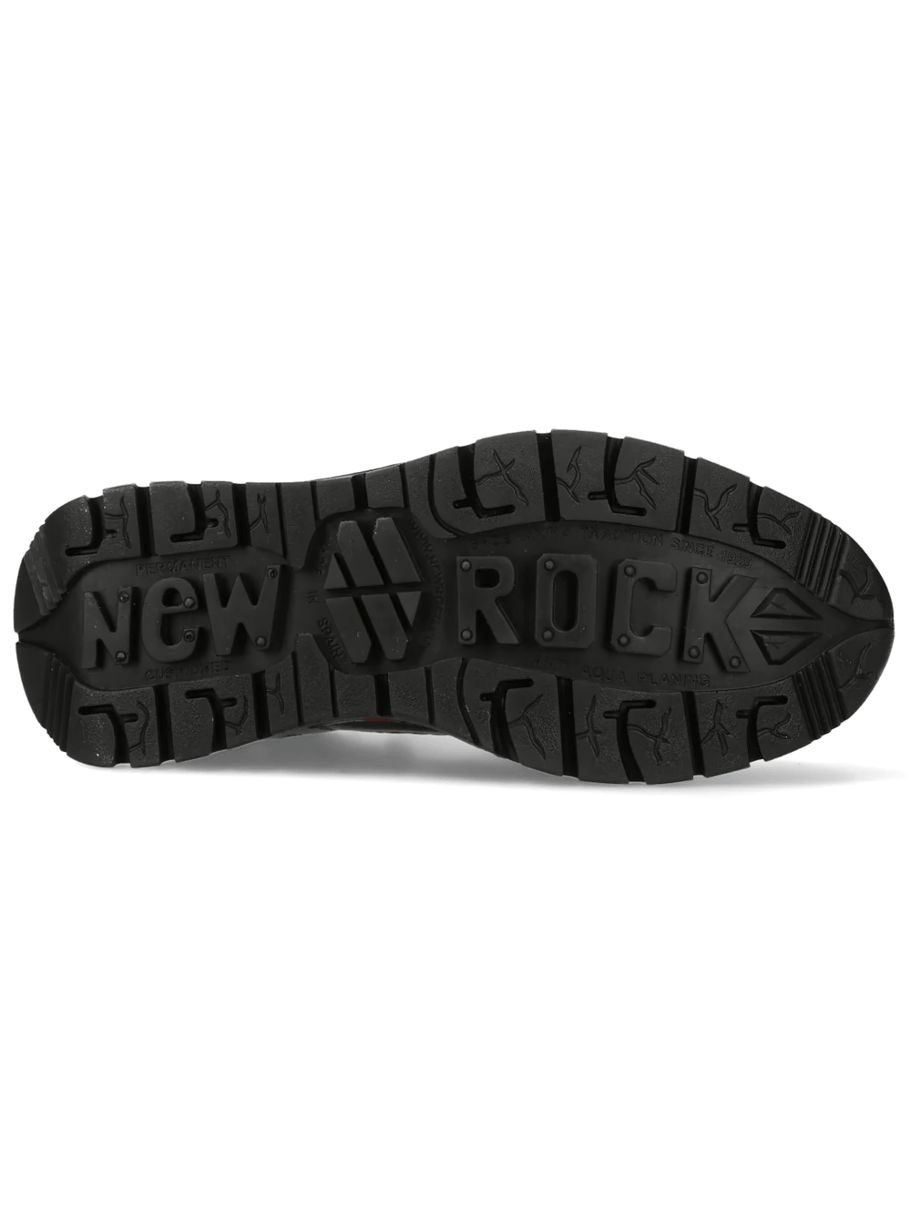 Sole of NEW ROCK Men's Shoes with Red Industrial Sole Detailing showcasing rugged texture and branding.