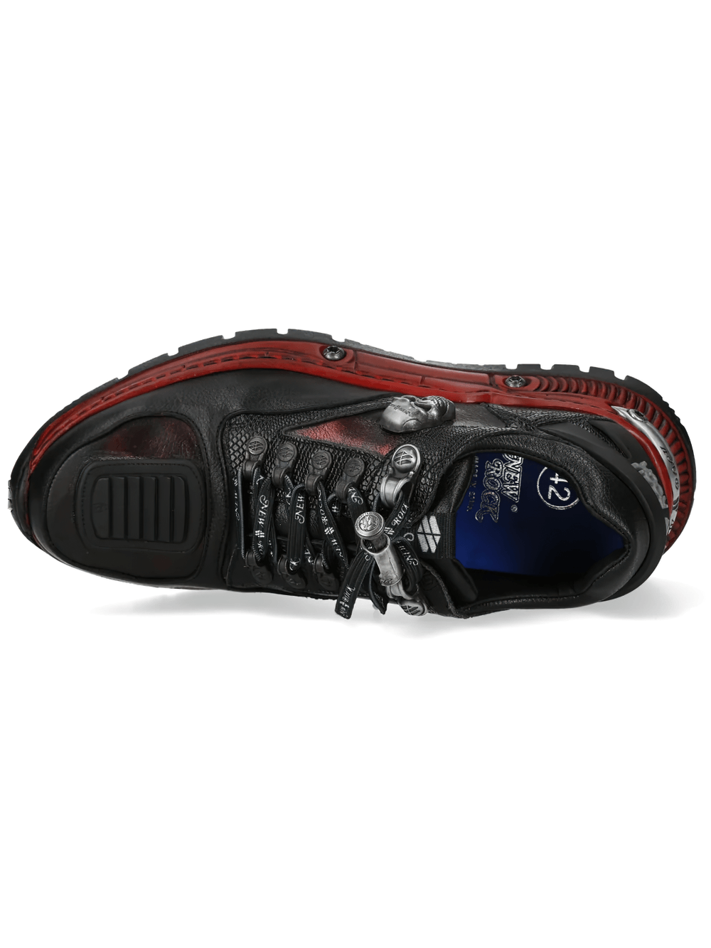 NEW ROCK Men's Shoes with Skull Detail and Red Sole Trim, featuring metallic accents and gothic design elements.