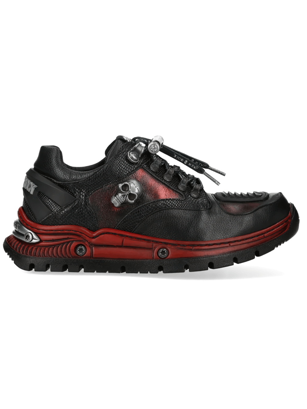 NEW ROCK Men's Shoes with Skull Detail and Red Sole Trim featuring black design and ruby accents.