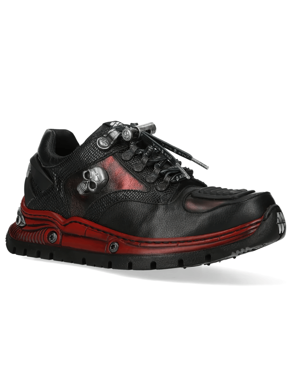 NEW ROCK Men's Shoes with Skull Detail and Red Sole Trim featuring black leather and ruby accents.