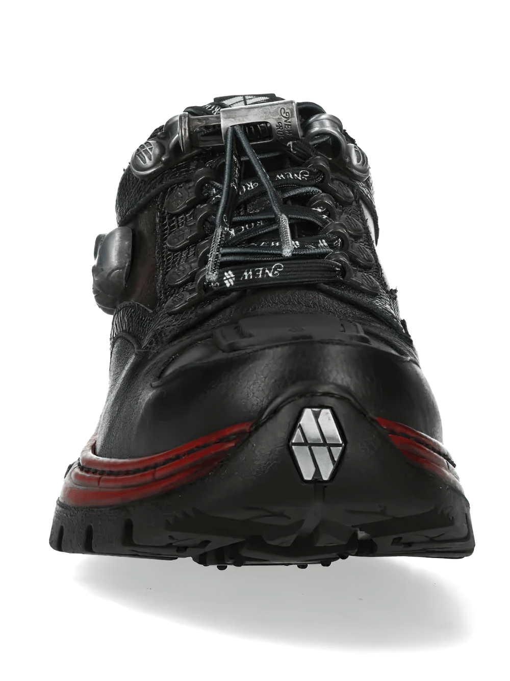 NEW ROCK Men's Shoes with Skull Detail and Red Sole Trim, showcasing gothic design and striking red accents.