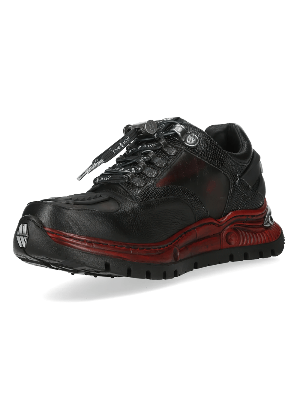 NEW ROCK Men's Shoes with Skull Detail and Red Sole Trim featuring black design and red sole accents.