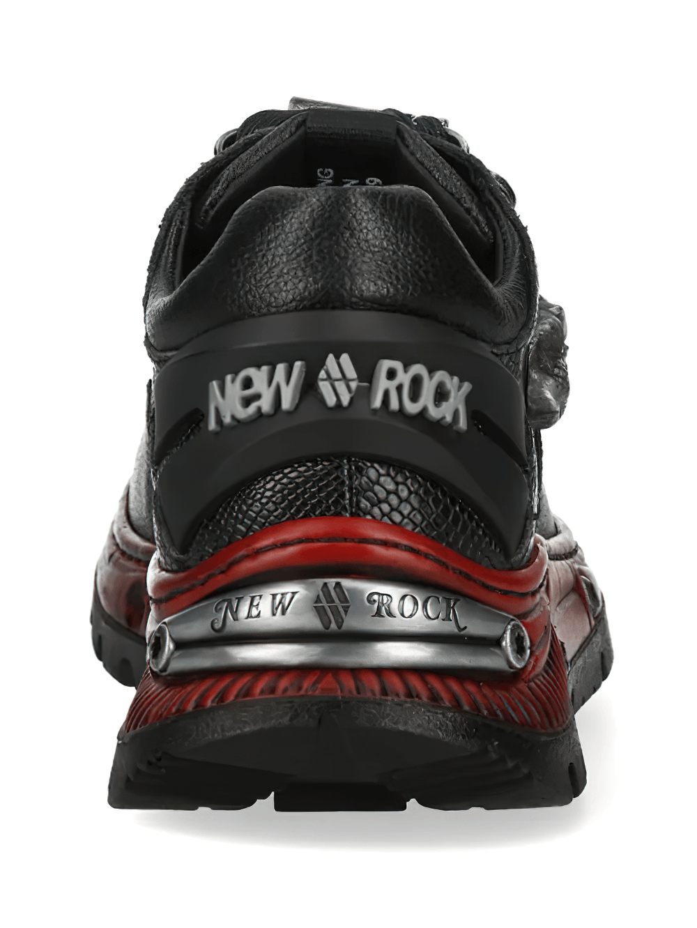 NEW ROCK Men's Shoes with Skull Detail and Red Sole Trim, featuring a striking black and red design.