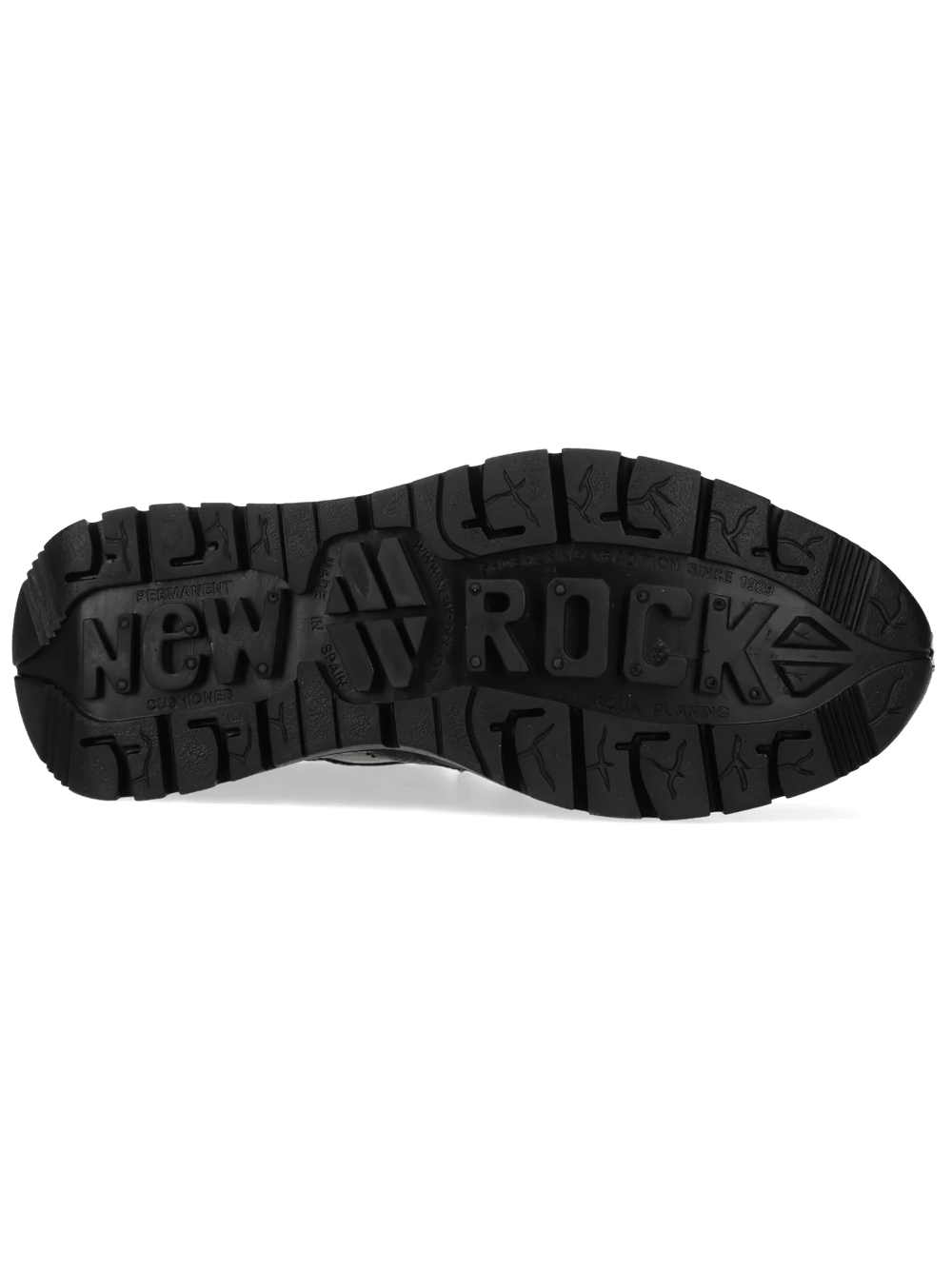 NEW ROCK Men's Shoes with Skull Detail and Red Sole Trim - rugged black sole with bold tread design.