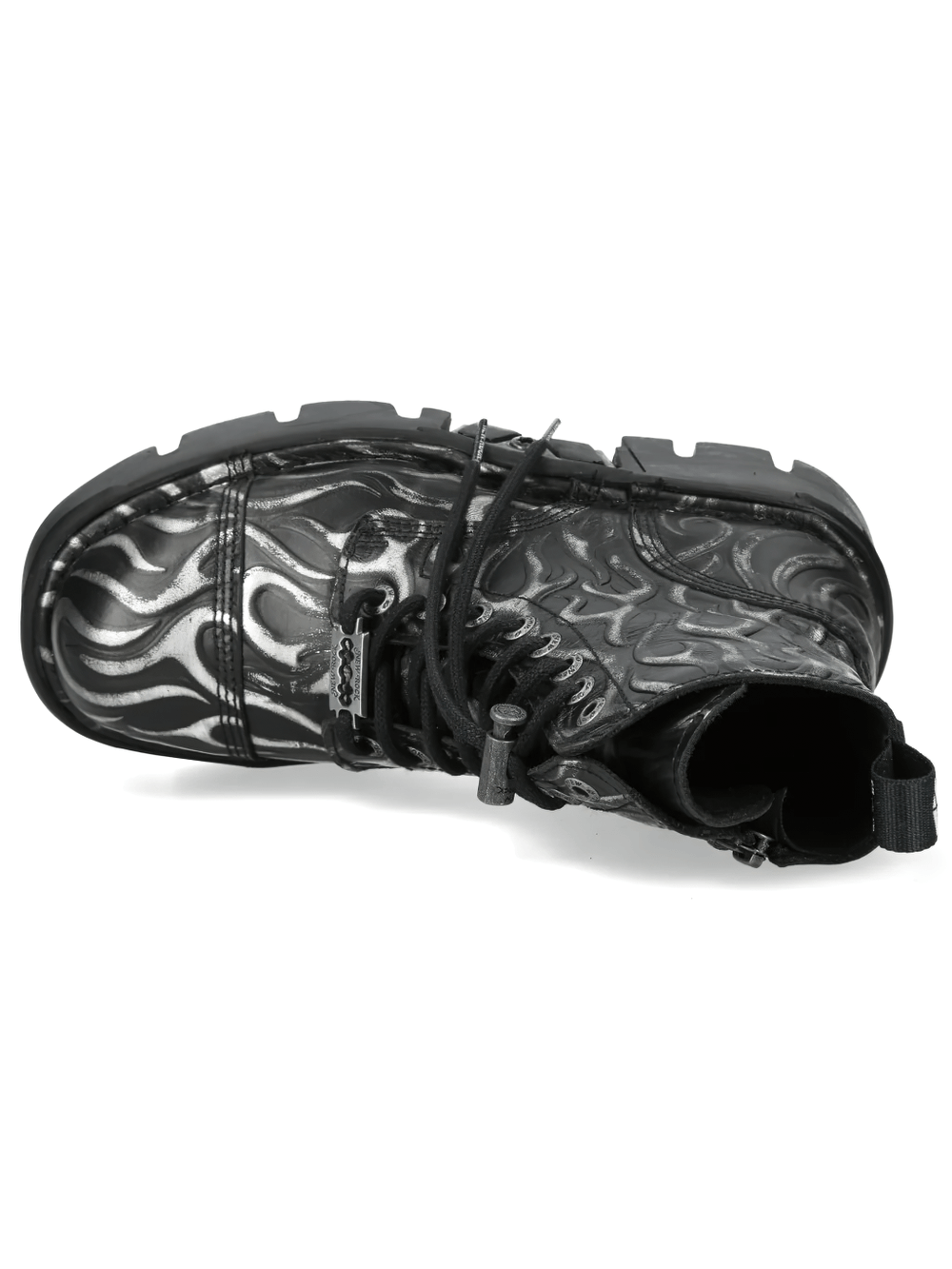 NEW ROCK Men's Silver Flame Ankle Boots with Chunky Lug Sole showcasing intricate silver flame design and chunky sole.