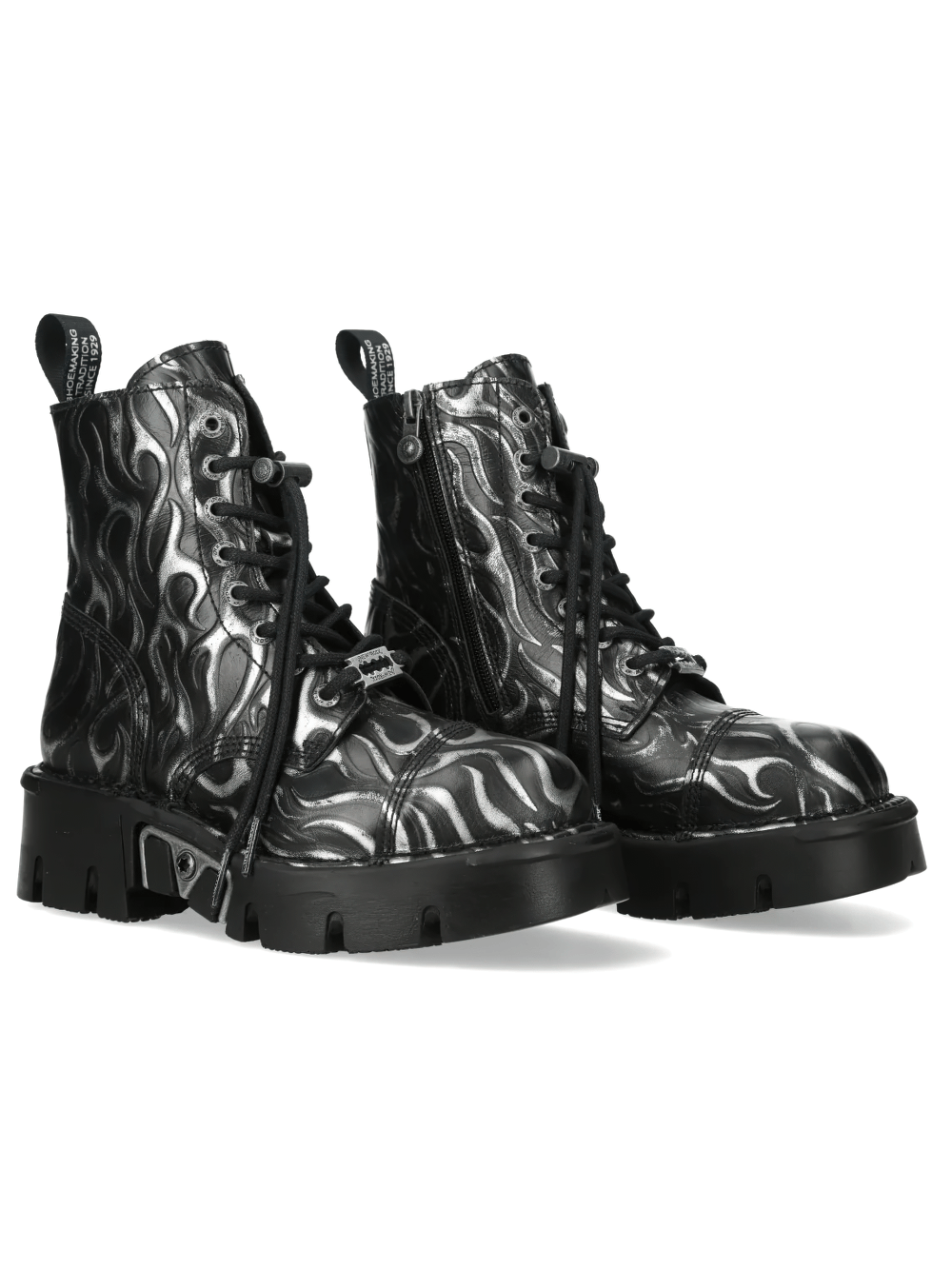 NEW ROCK Men's Silver Flame Ankle Boots with Chunky Lug Sole in black with silver flame embossing, showcasing bold military design.