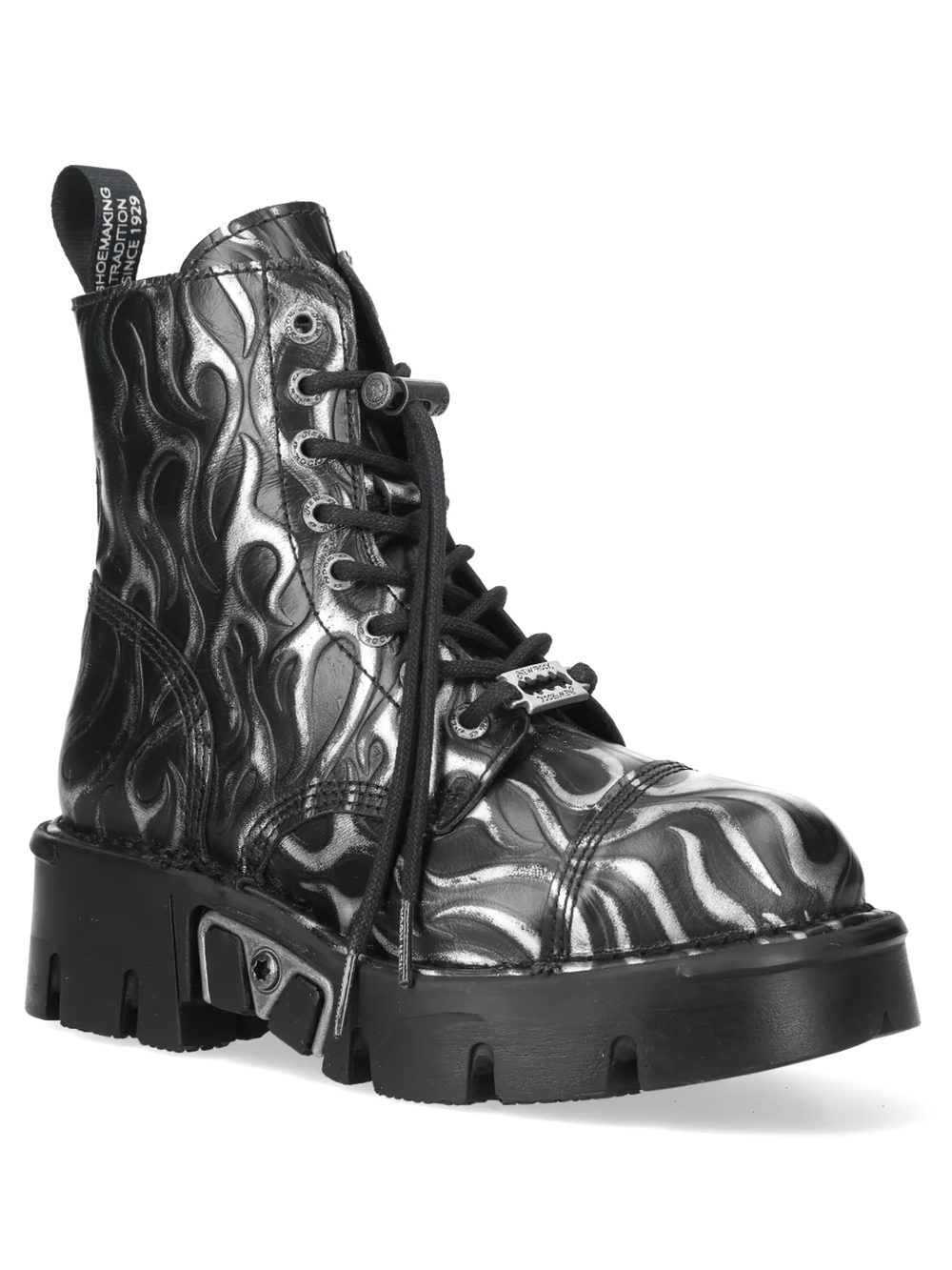 NEW ROCK Men's Silver Flame Ankle Boots with Chunky Lug Sole featuring a bold black and silver flame design.