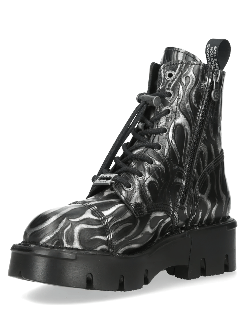 NEW ROCK Men's Silver Flame Ankle Boots with Chunky Lug Sole in black with silver flame design and side zip.