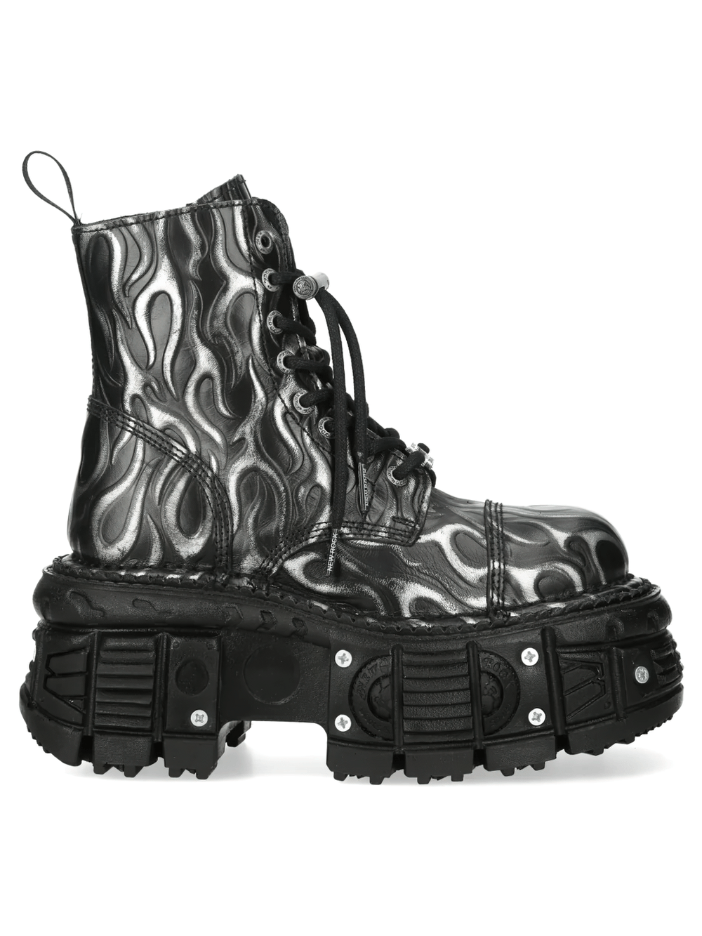 NEW ROCK Men's Silver Flame Boots with Chunky Tread Base featuring black and silver flame design and chunky sole.