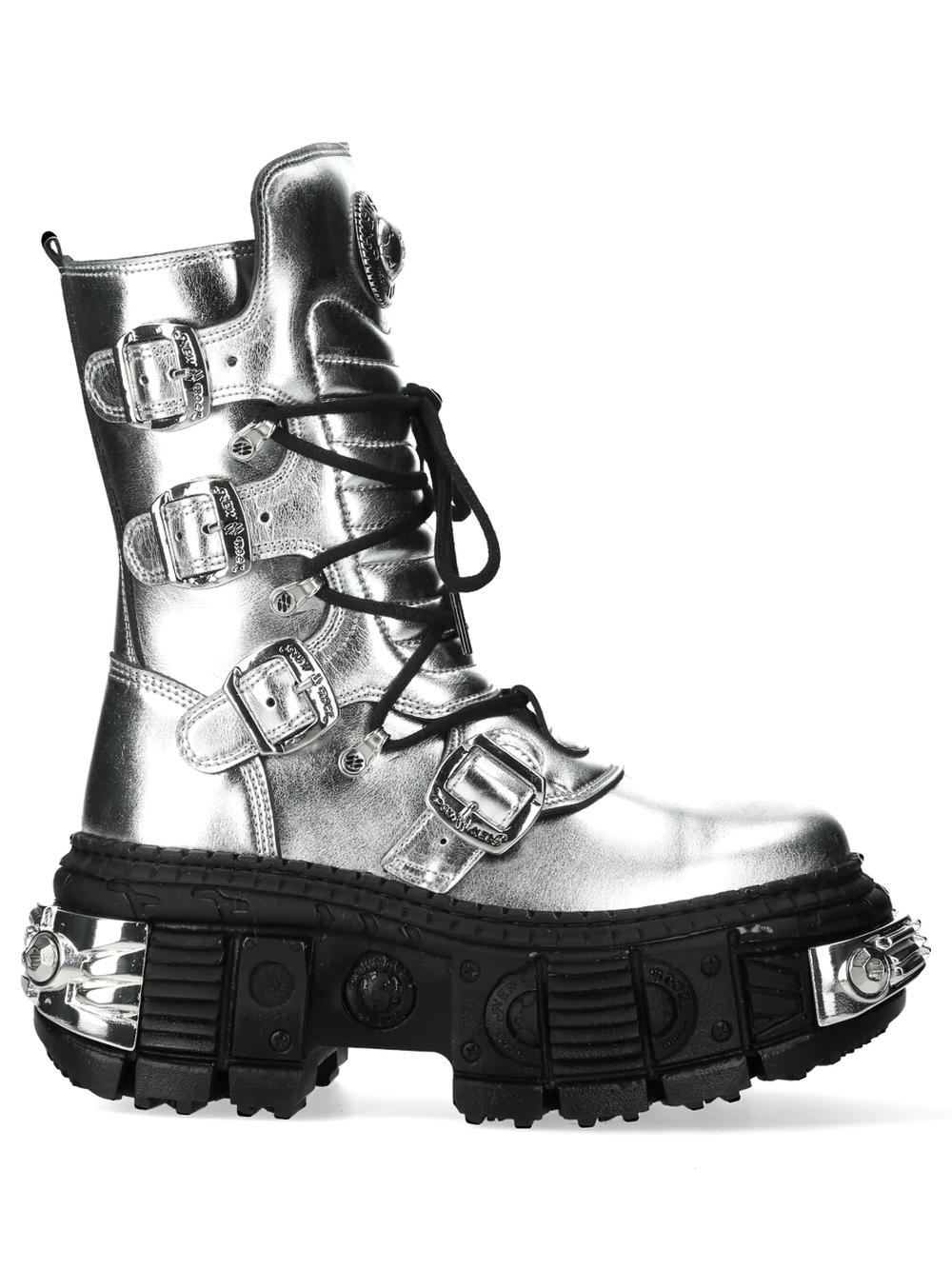 NEW ROCK Men's Silver Gothic Boots with Buckle Strap Details showcasing shiny silver leather and sculpted black platform sole.