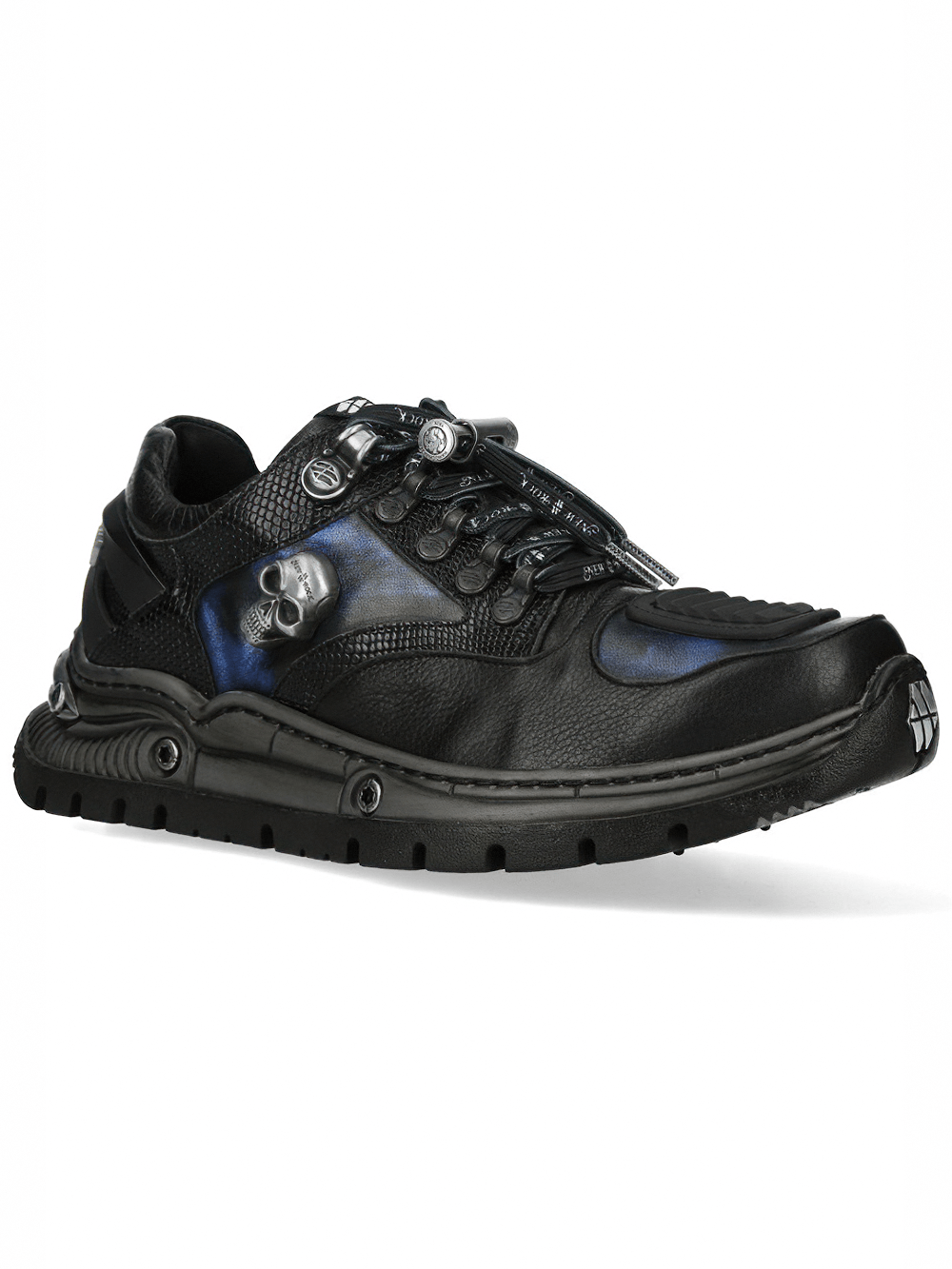 NEW ROCK Men's Skull Sneakers with Metallic Blue Side Panel featuring skull emblem and industrial sole