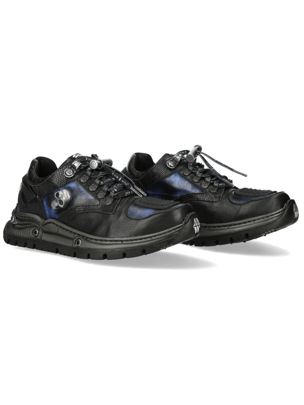 NEW ROCK Men's Skull Sneakers with Metallic Blue Side Panel featuring black leather, reptile textures, and a gothic skull emblem.