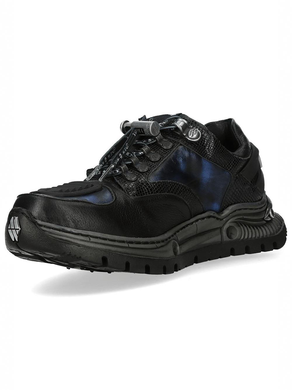 NEW ROCK Men's Skull Sneakers with Metallic Blue Side Panel, black and blue leather trainers with skull emblem.