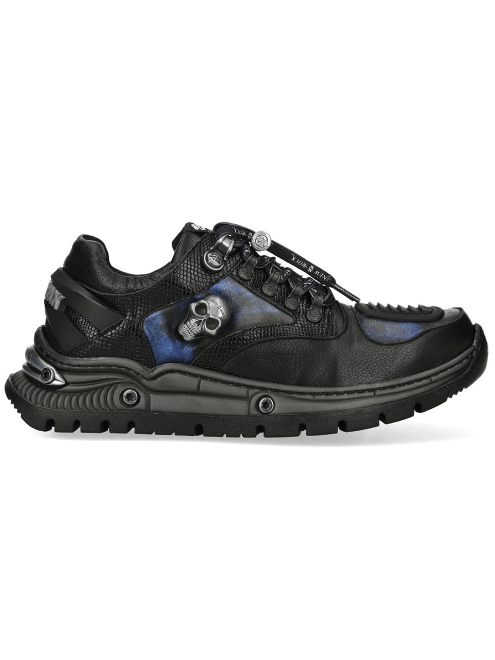 NEW ROCK Men's Skull Sneakers with Metallic Blue Side Panel, featuring black leather, skull emblem, and industrial sole.