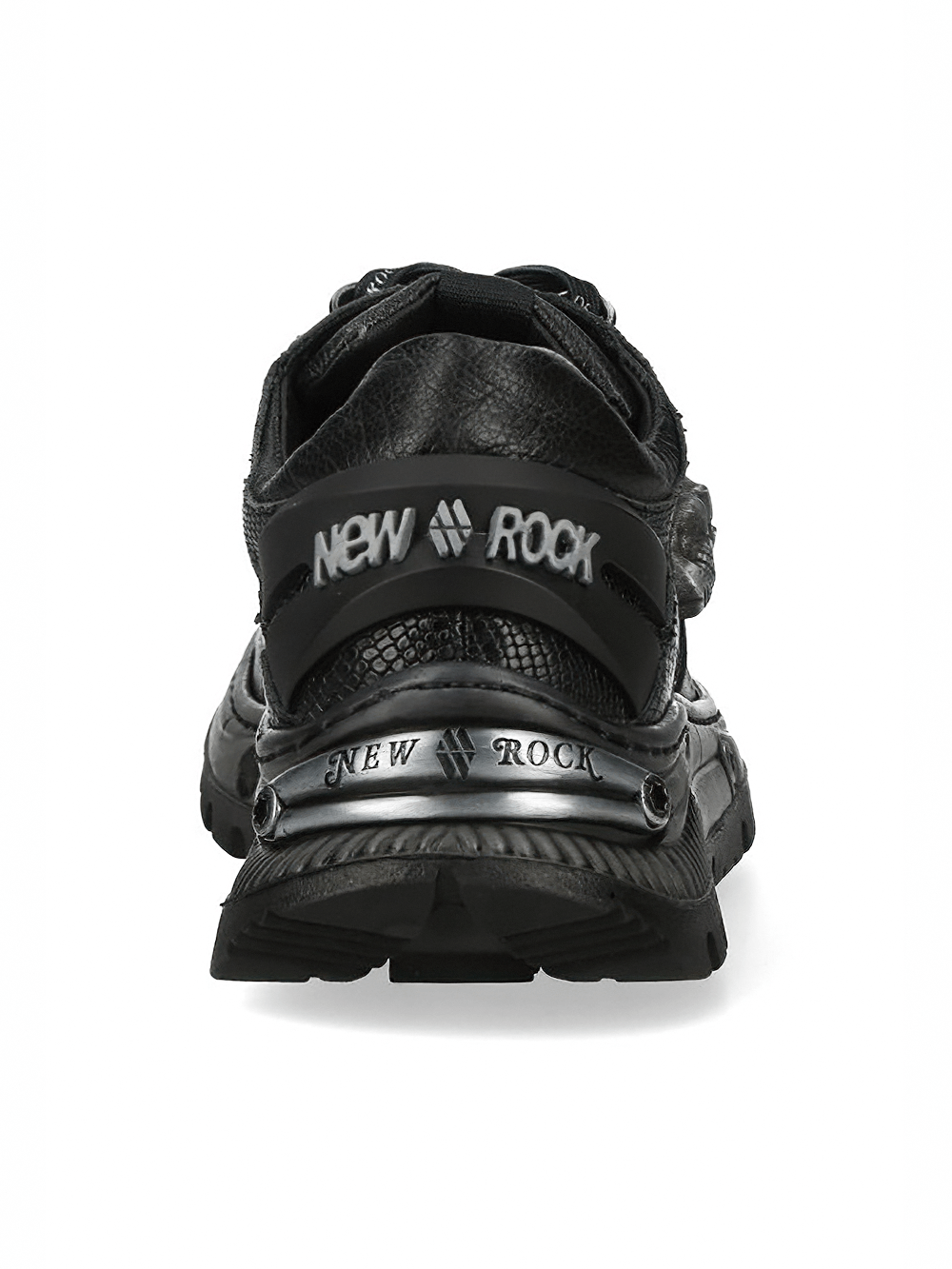 NEW ROCK Men's Skull Sneakers with Metallic Blue Side Panel - stylish back view showcasing unique design and branding.