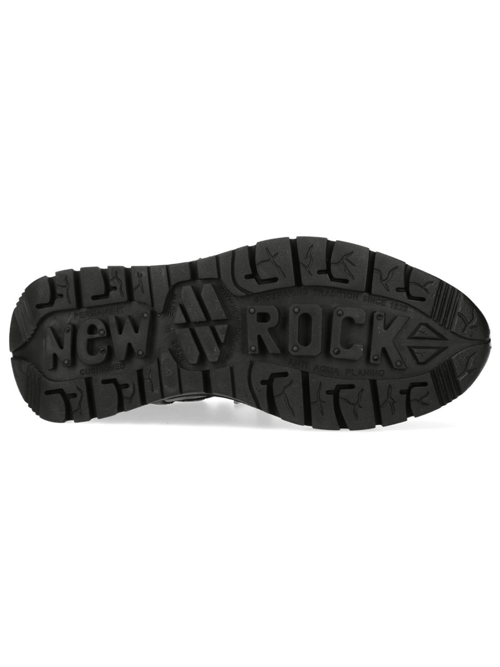 NEW ROCK Men's Skull Sneakers with Metallic Blue Side Panel sole view showcasing traction and design details.