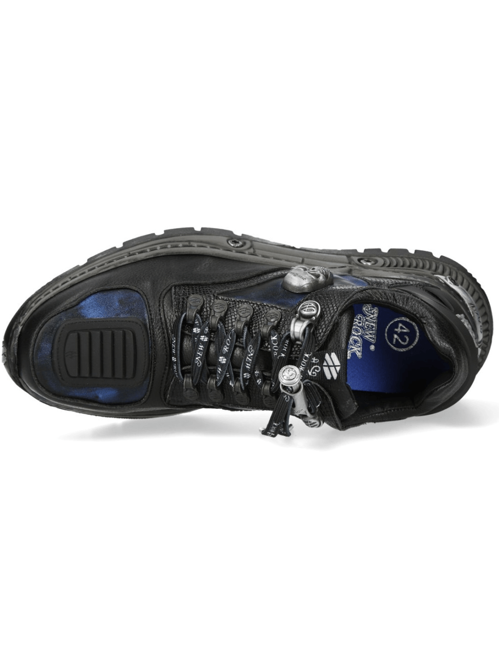 NEW ROCK Men's Skull Sneakers with Metallic Blue Side Panel top view showing black leather and blue details.