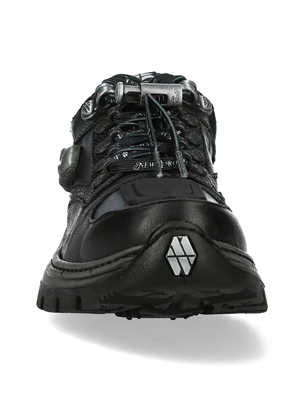 NEW ROCK Men's Skull Sneakers with Metallic Blue Side Panel front view showcasing gothic design and details.