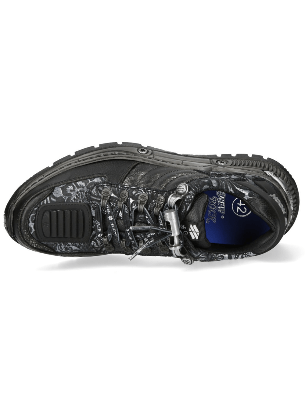 NEW ROCK Men's Sneakers in Black with Baroque Detailing angled view showcasing intricate patterns and platform sole.