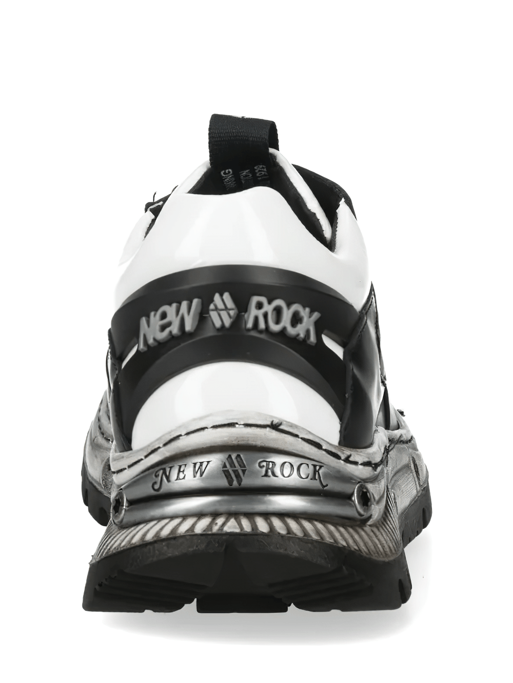 NEW ROCK Men's Sneakers with Blue Panels and Sculpted Soles back view showcasing black and white design with metallic details.
