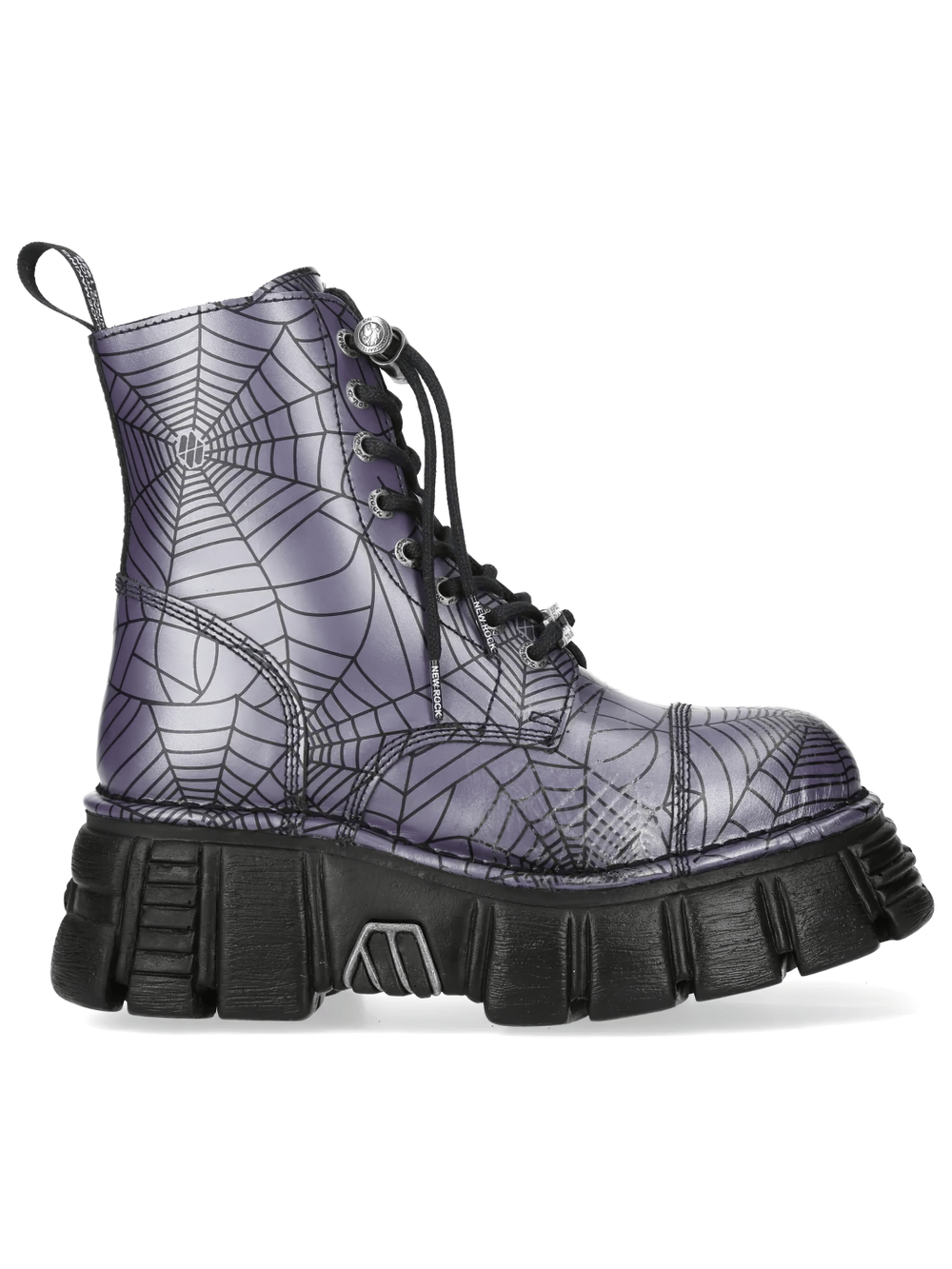 NEW ROCK Men's Spiderweb Boots with Chunky Lug Platform in muted purple gray with black spiderweb print.