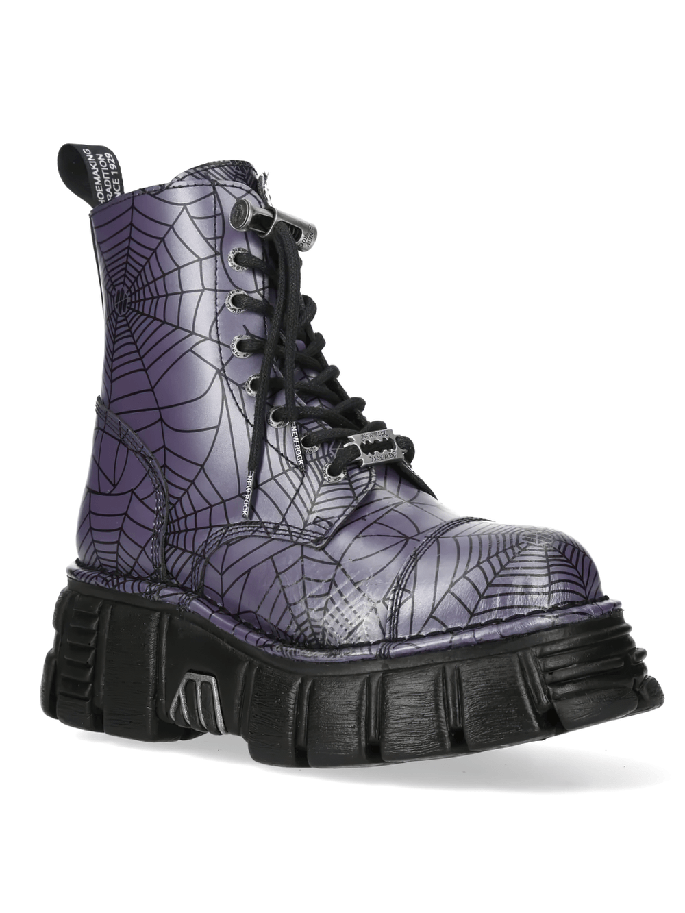 NEW ROCK Men's Spiderweb Boots with Chunky Lug Platform in muted purple gray with black spiderweb print.