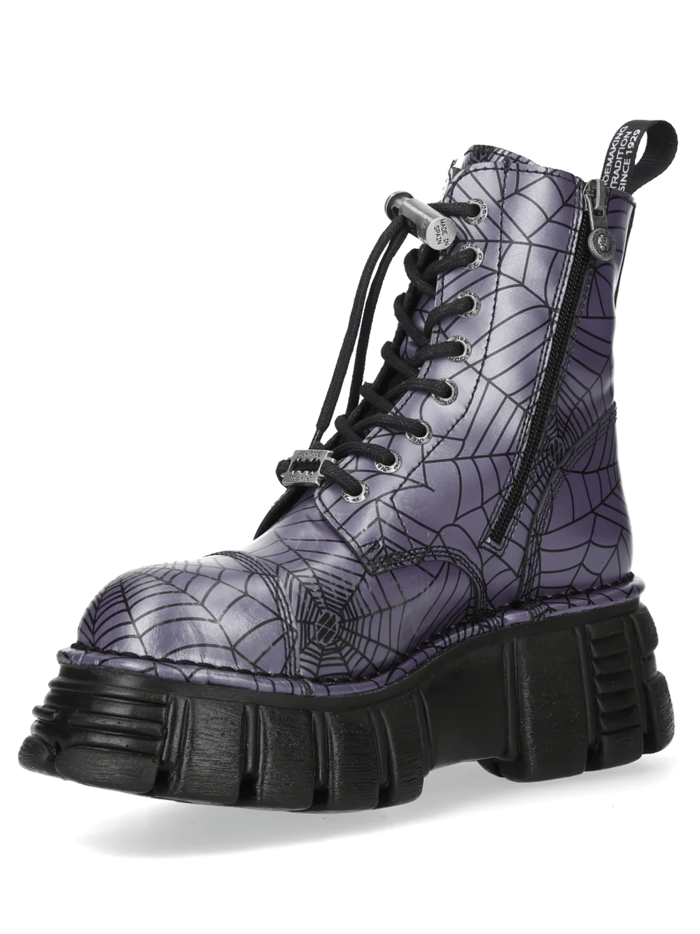 NEW ROCK Men's Spiderweb Boots with Chunky Lug Platform in purple gray with spiderweb print and thick lug sole.