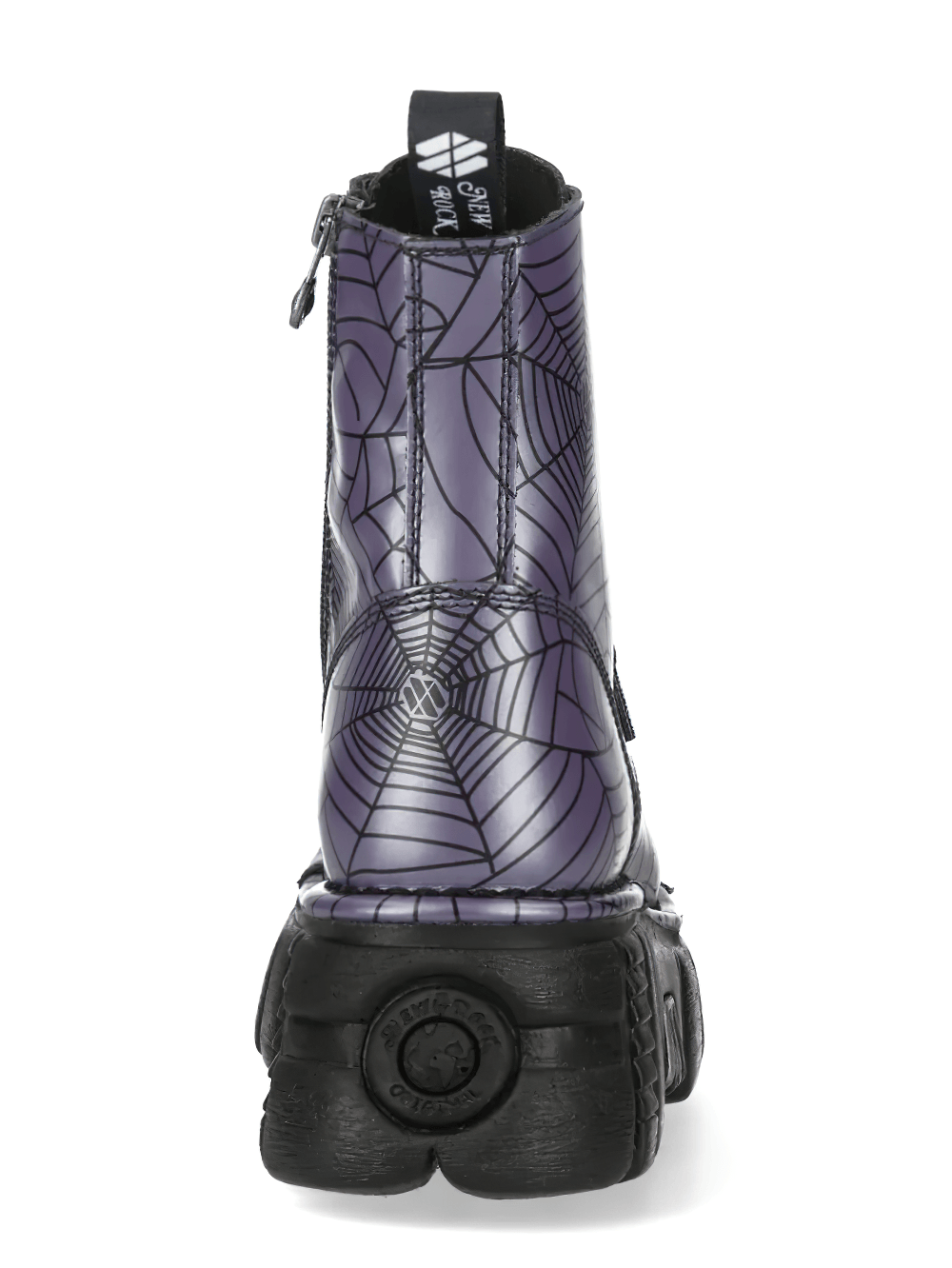NEW ROCK Men's Spiderweb Boots with Chunky Lug Platform, showing the back view with spiderweb design in muted purple gray.