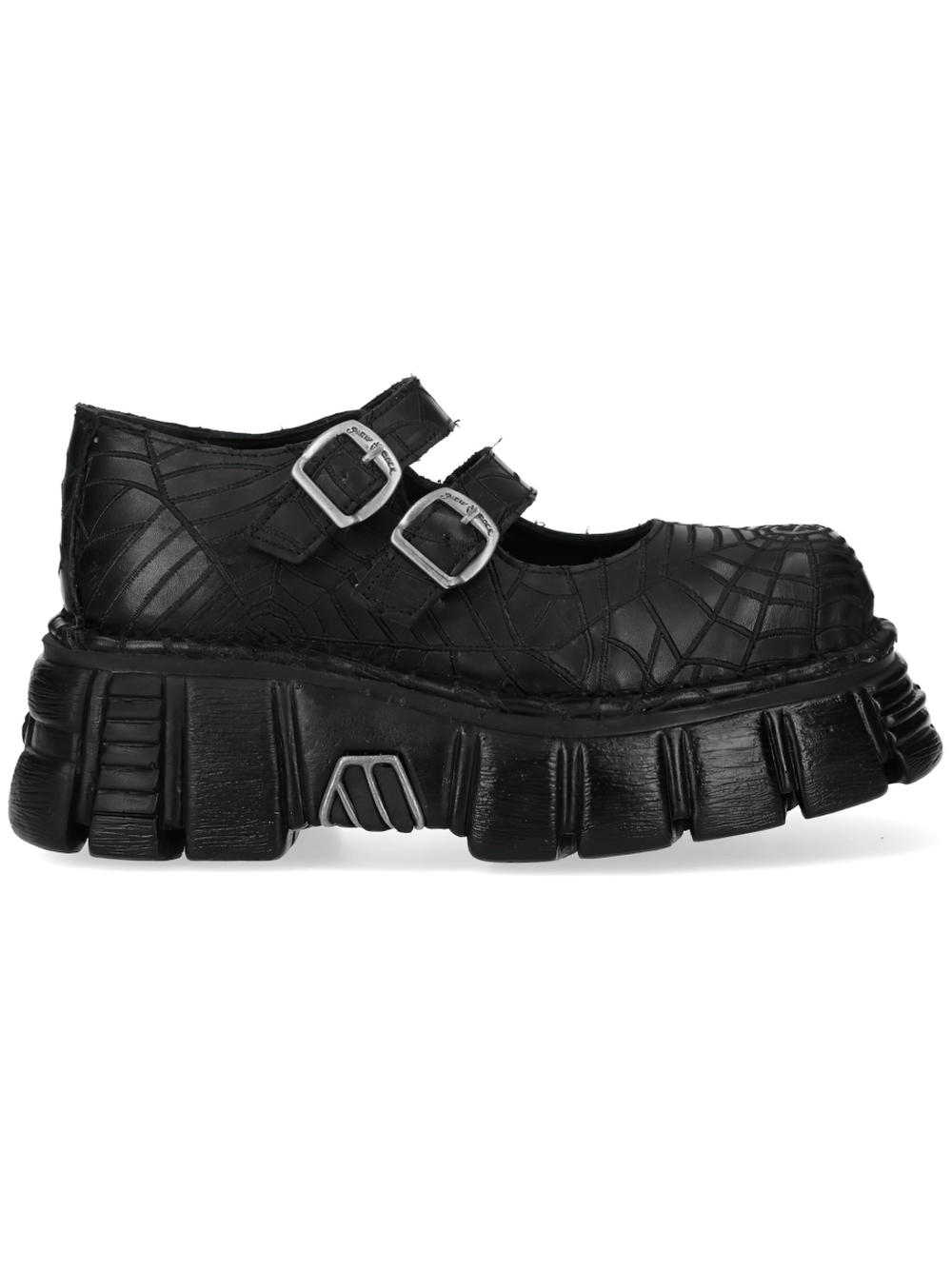 NEW ROCK Men's Spiderweb Buckle Platform Shoes with embossed spiderweb pattern and chunky tread sole.