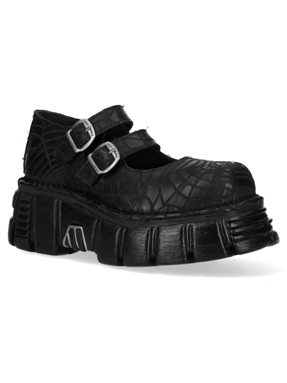 NEW ROCK Men's Spiderweb Buckle Platform Shoes with chunky tread soles and embossed spiderweb pattern.