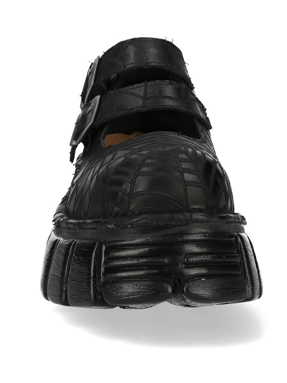 NEW ROCK Men's Spiderweb Buckle Platform Shoes with embossed pattern and double buckle straps.