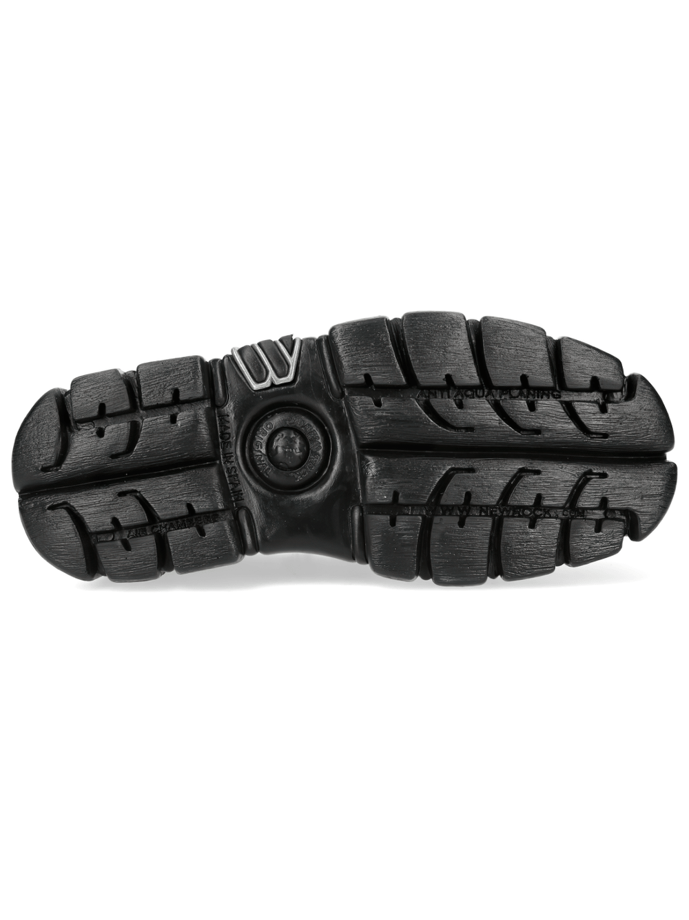 Black chunky tread sole of NEW ROCK Men's Spiderweb Buckle Platform Shoes with rugged design.