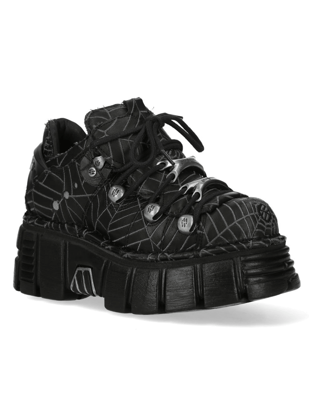 NEW ROCK Men's Spiderweb Gothic Platform Shoes in black with web print and metal details.