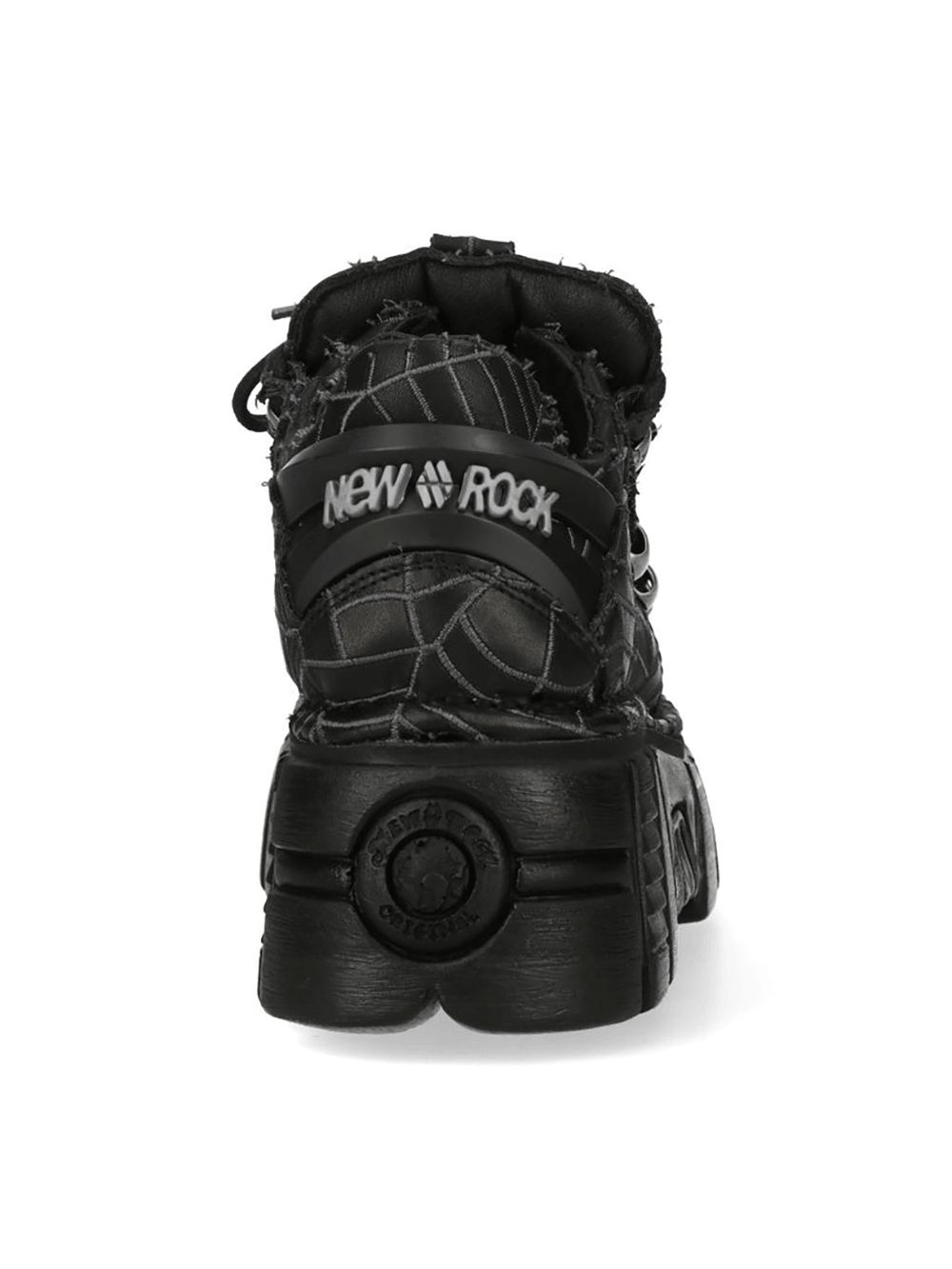 NEW ROCK Men's Spiderweb Gothic Platform Shoes back view with spiderweb print and metal details.