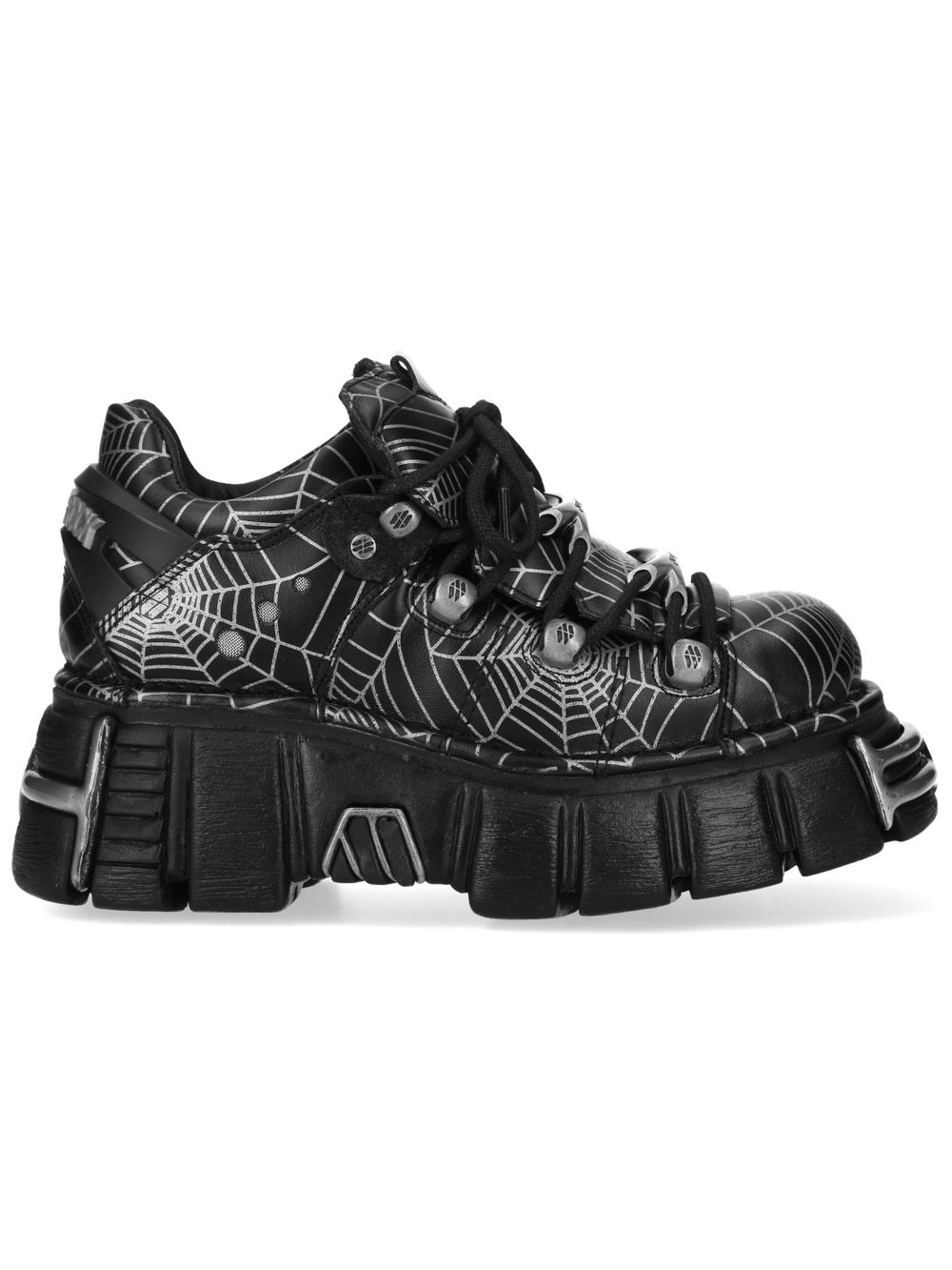 NEW ROCK Men's Spiderweb Platform Shoes with Metal Toe featuring bold spiderweb graphics and chunky sole.
