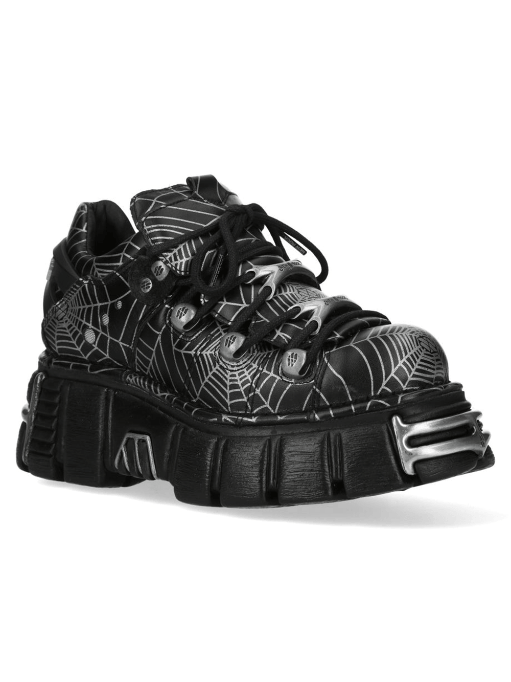 NEW ROCK Men's Spiderweb Platform Shoes with Metal Toe in black with spiderweb design and chunky sole.