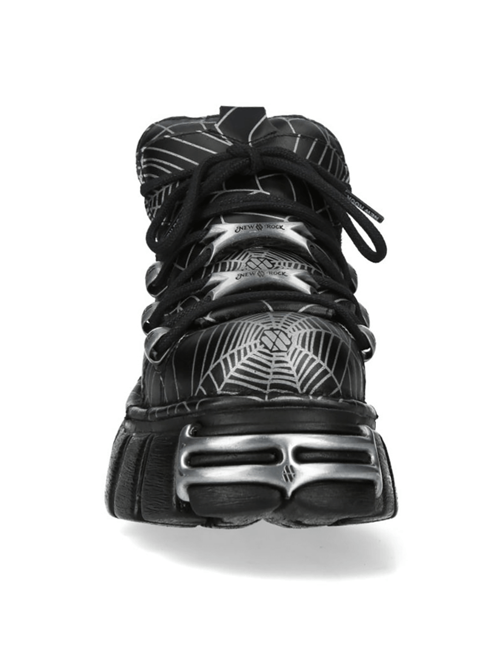 NEW ROCK Men's Spiderweb Platform Shoes with Metal Toe - front view showcasing spiderweb graphics and chunky sole